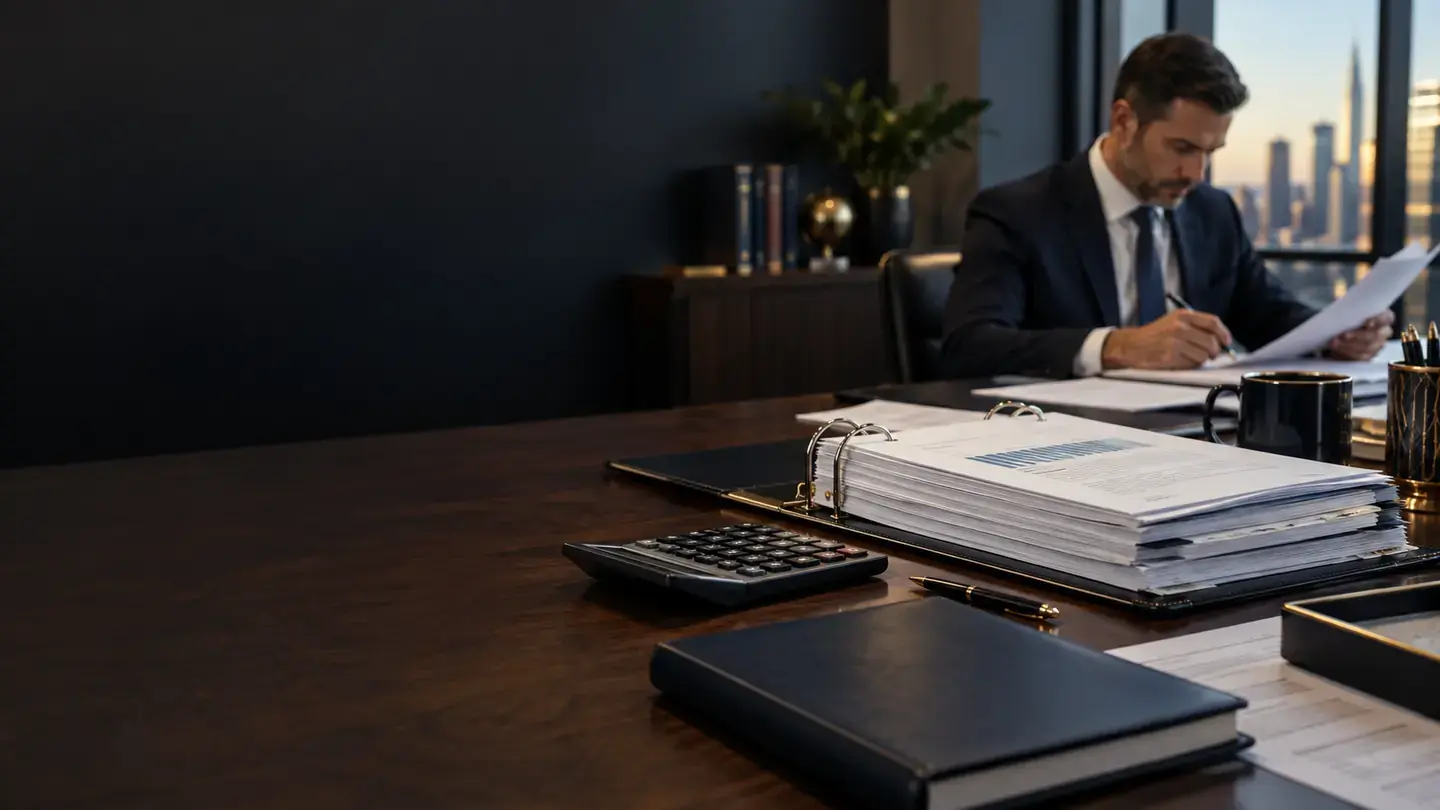 Specialist reviewing an audit binder and compliance documents
