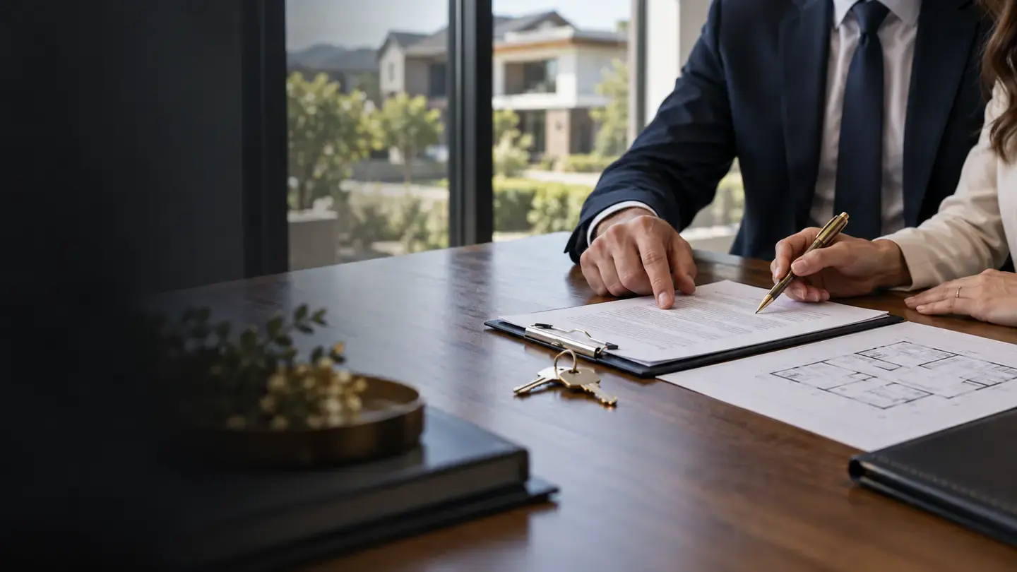 Property settlement documents and keys being reviewed at a table