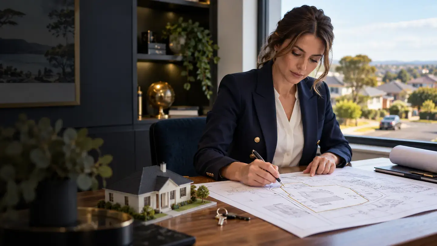 Conveyancer checking a property plan beside a model home