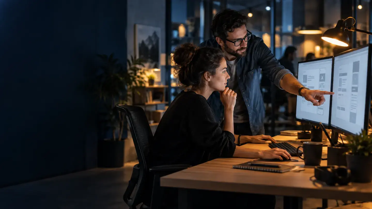 Software team reviewing an application interface at a workstation