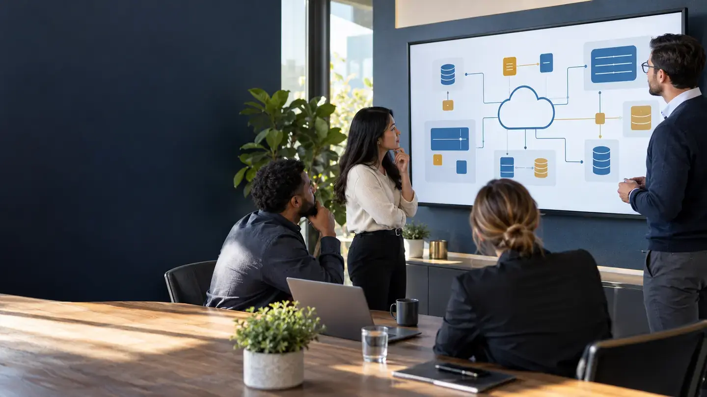 Technology team reviewing a cloud architecture diagram