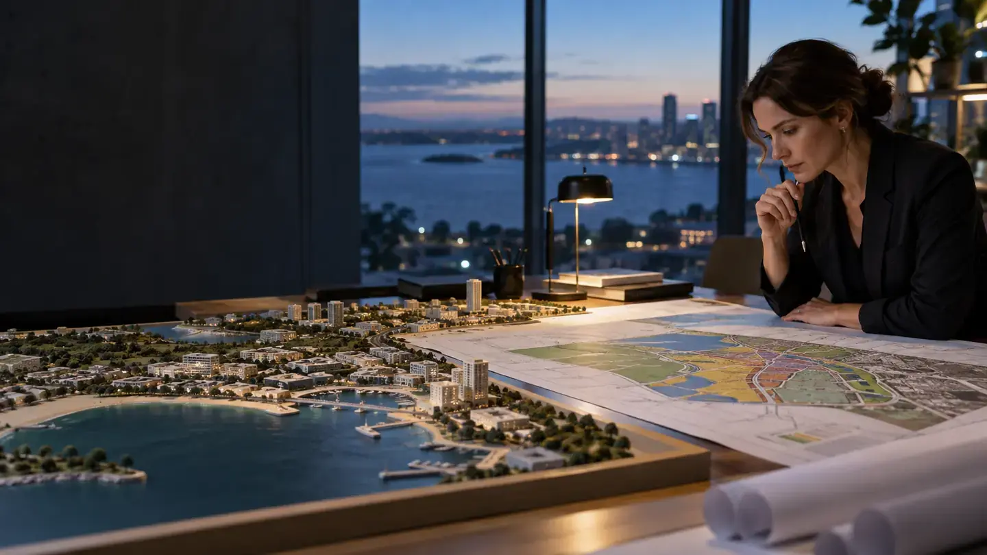 Town planner reviewing a coastal precinct model and land-use plan