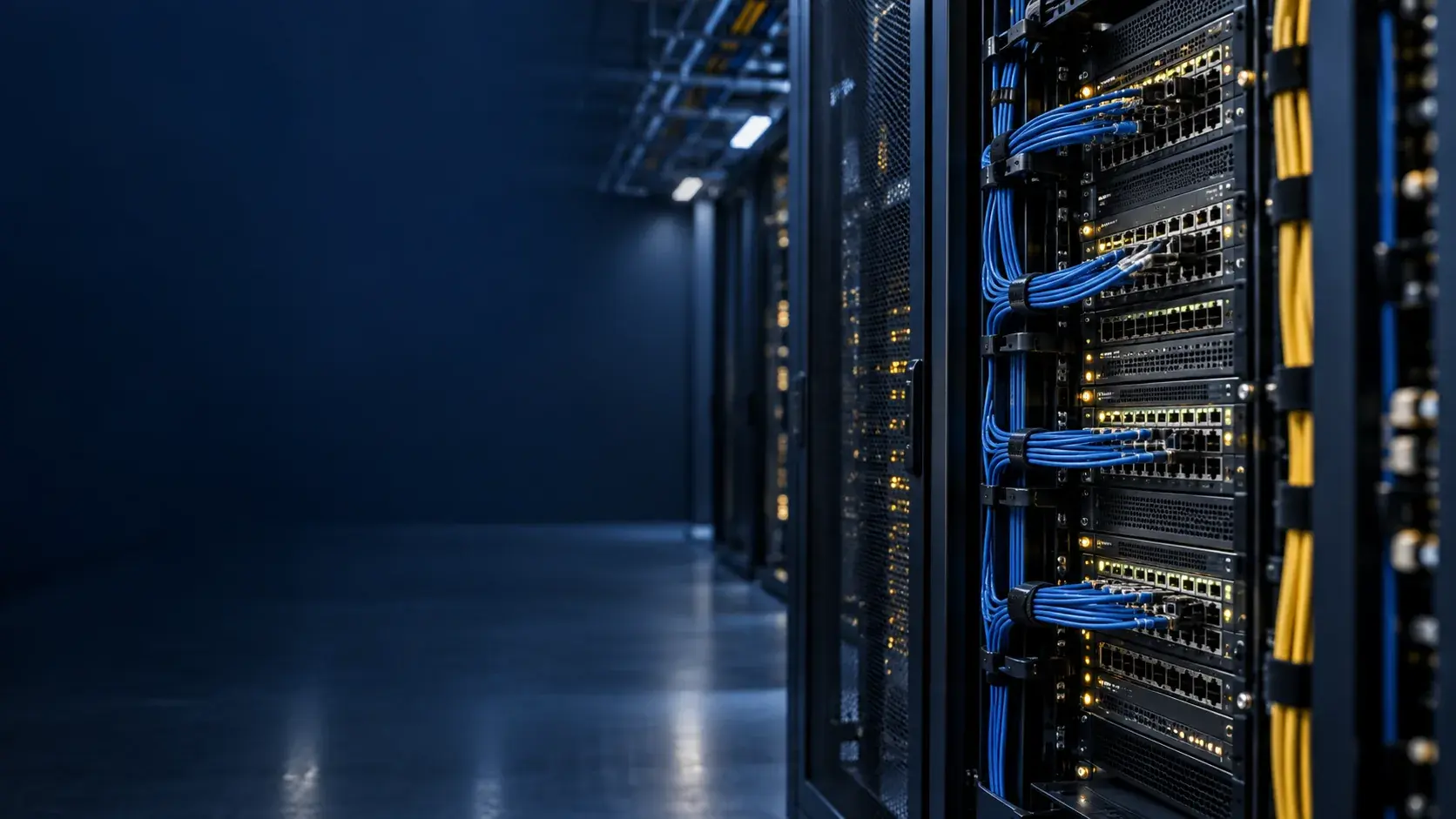 Network switches and neatly routed cables in a modern data centre