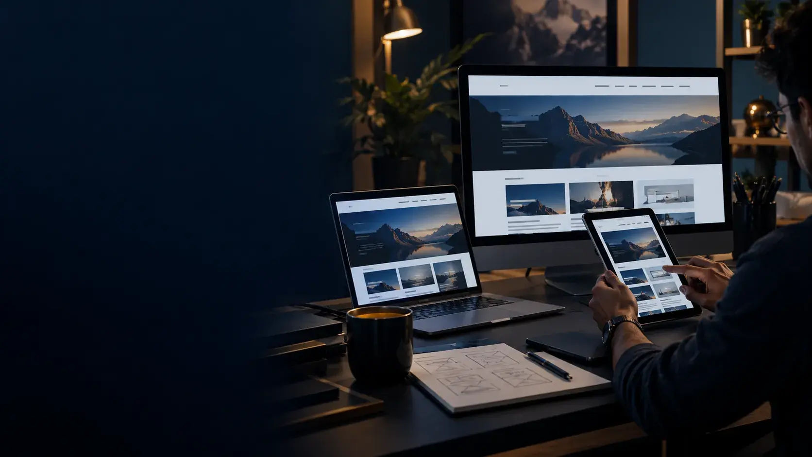 Responsive website being reviewed on desktop, laptop and tablet
